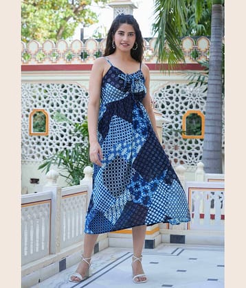 Yash Gallery Women Rayon Printed Fit & Flare Dress ( Indigo )