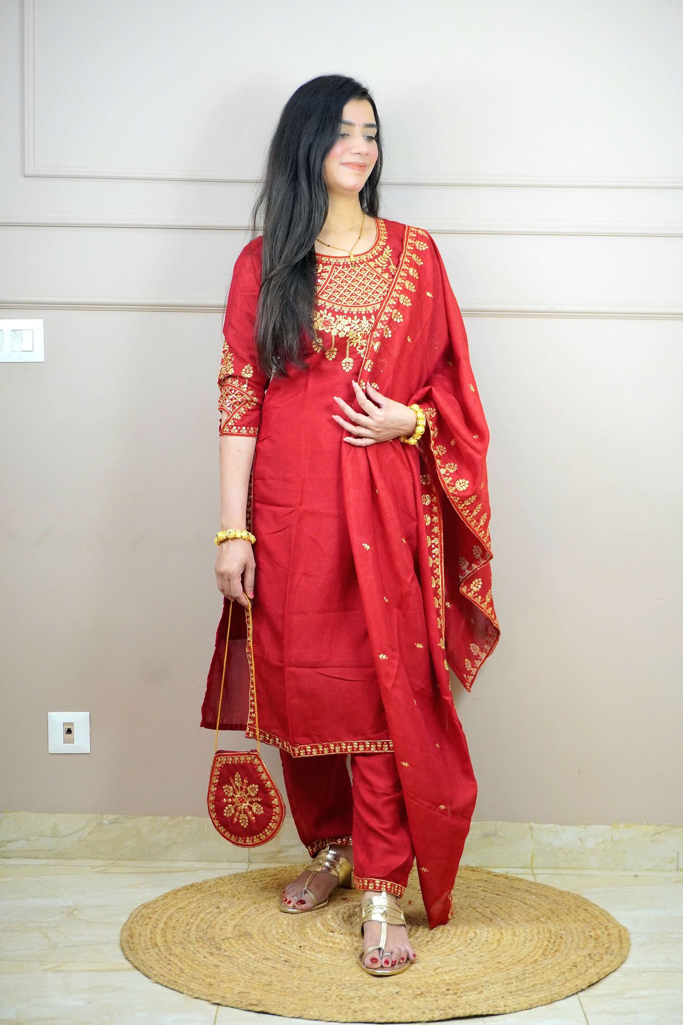 Red Colour Thread Work Straight Kurta Set with Elastic Pant Dupatta & Potli-M / Red