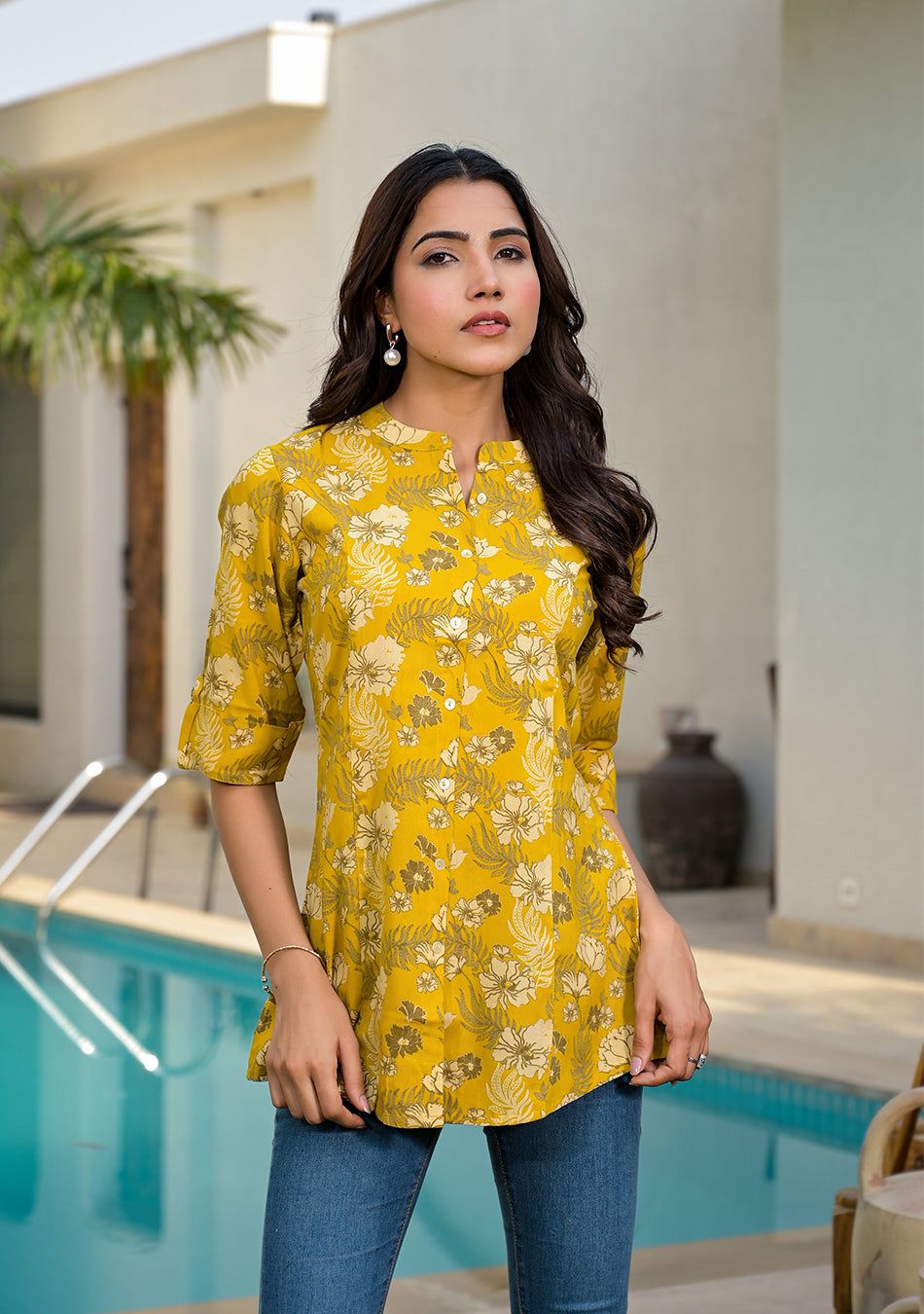 Mustard Floral Rayon A-lineTop-XS