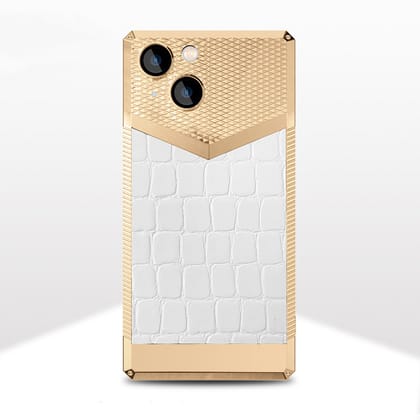 Gold Electroplated Croco Pattern Leather Luxury Cover-iPhone 13 / Rich White