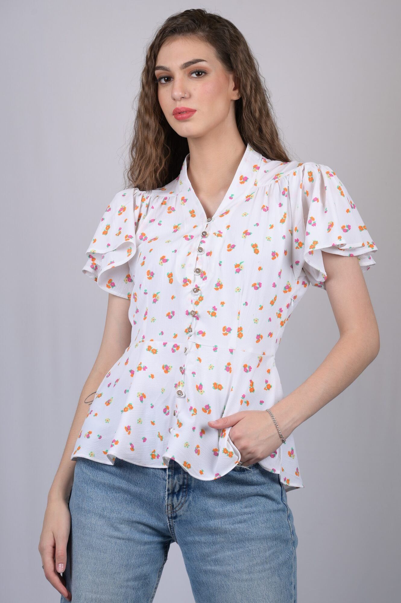 White Floral Print V-Neck Regular Top (OTL-TPS1039)-White / XS