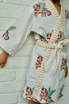 Kids HandBlock Premium Waffle Cotton Bathrobe Unicorn Pattern - Small (2-4 years)