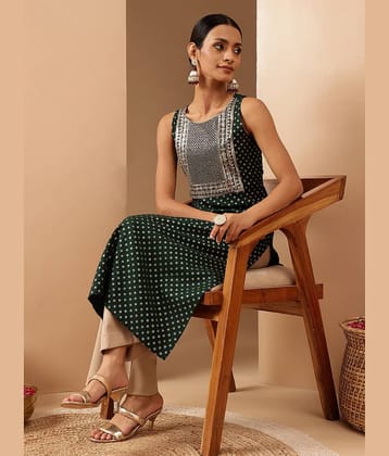 Janasya Women Silk Blend Embroidered Straight Kurti ( Dark Green )