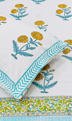 Cotton Handblock White & Yellow Boota Print King Size Bedsheet 100*108-100 * 108