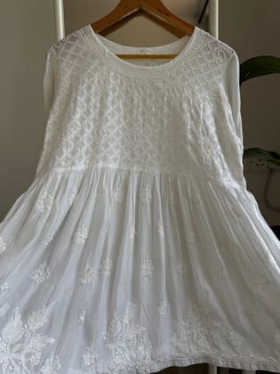 Chikankari Muslin Peplum short Top in White-White / cotton / L