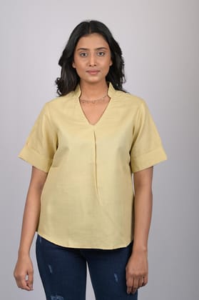 Top for women branded garments party wear short sleeve Mustard Yellow V-Neck Top With Collar (OTL-TPS1056)-Mustard / S