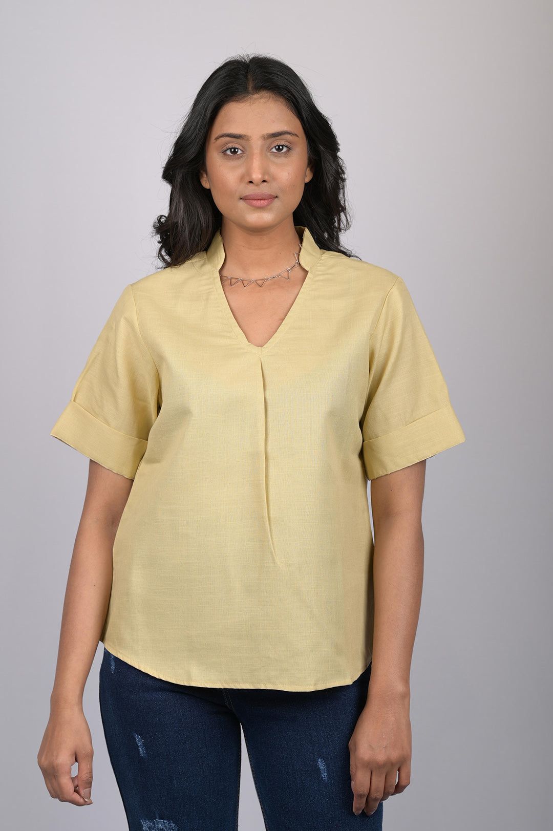 Top for women branded garments party wear short sleeve Mustard Yellow V-Neck Top With Collar (OTL-TPS1056)-Mustard / S