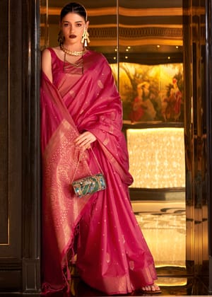 Cherry Red Woven Banarasi Tussar Silk Saree