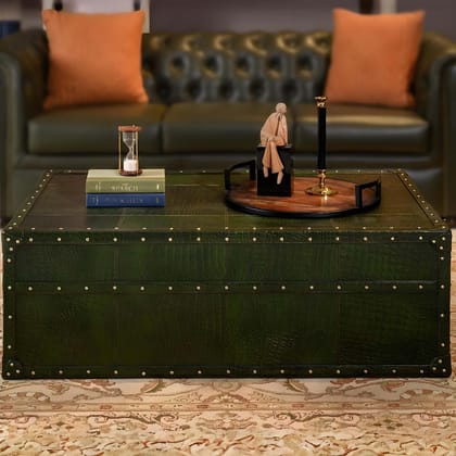 Handcrafted Genuine Leather Low Centre Table In Green-Green