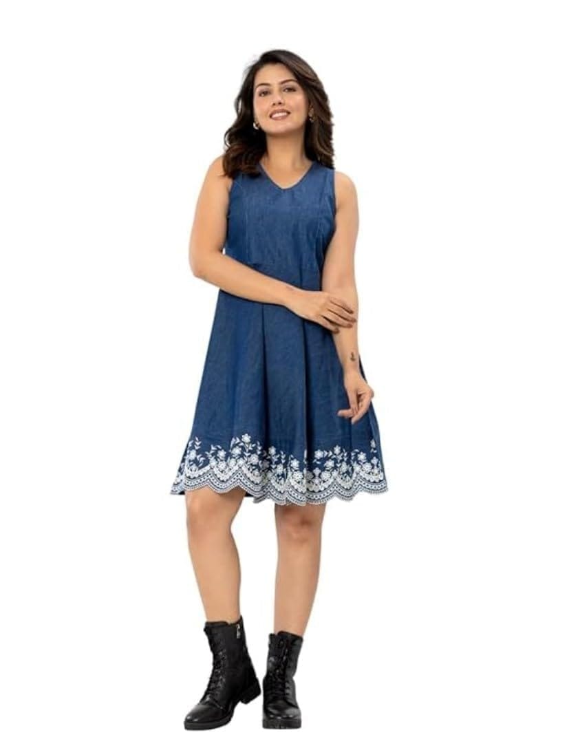 Women's Casual Denim Sleeveless Dress (Blue, XL)-PID63377
