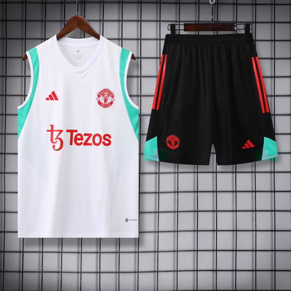 Manchester United White Sleeveless Jersey With Shorts 2024-S