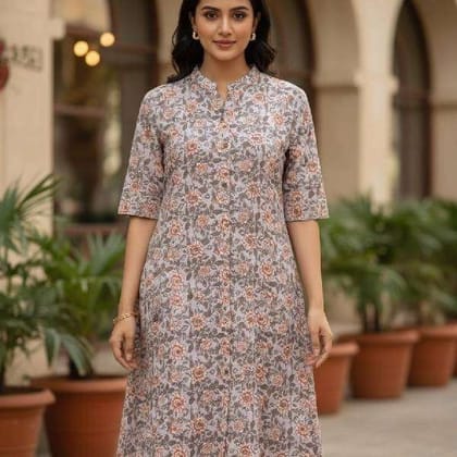 Premium Light Brown Cotton Printed Kurti for Everyday Wear