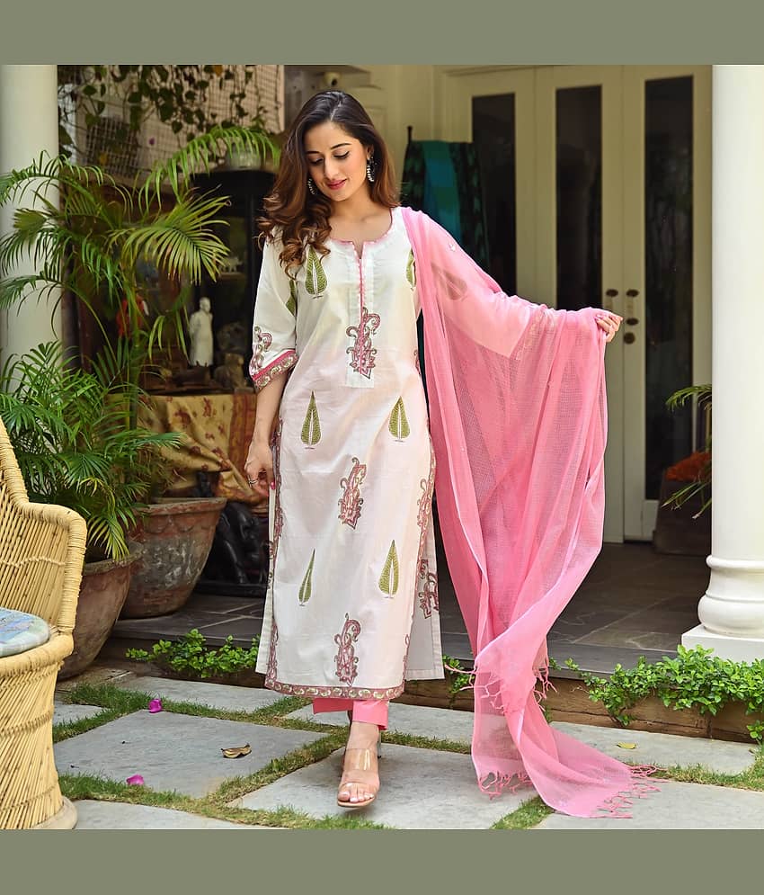 Royal Export Cotton Silk Printed Kurti With Pants Women's Stitched Salwar Suit - White ( Pack of 1 )