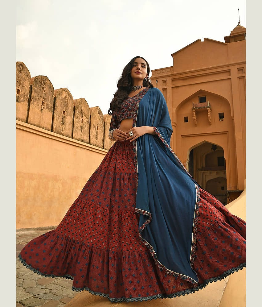 Janasya Maroon Cotton Straight Stitched Lehenga