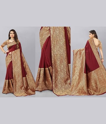 Gazal Fashions Banarasi Silk Embellished Saree With Unstitched Blouse Piece ( Maroon )