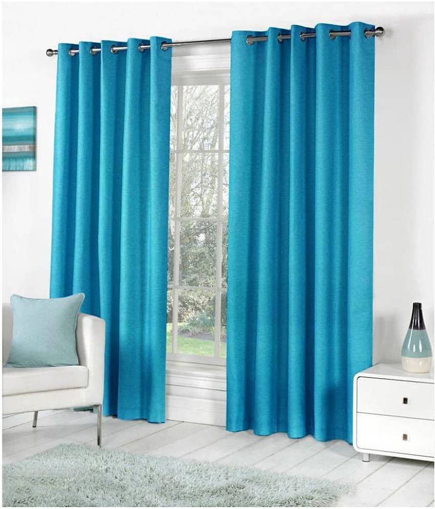 Panipat Textile Hub Solid Semi-Transparent Eyelet Door Curtain 7 ft Pack of 2 -Aqua