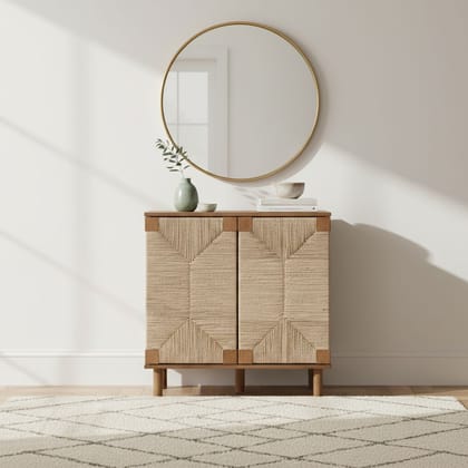Rustic Wood & Seagrass Storage Cabinet