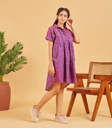 Purple Ikat Button Up Dress-L / Purple