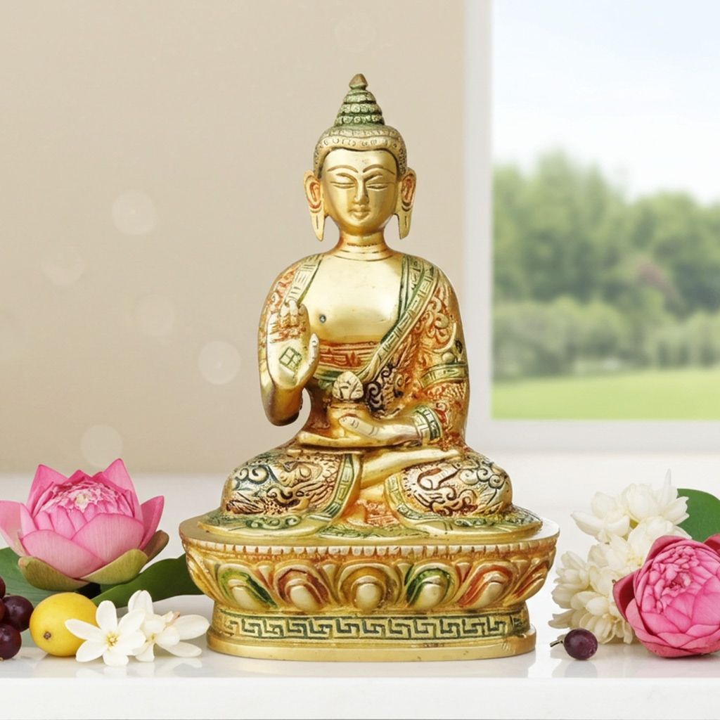 Brass Buddha Decorative Statue - Spiritual Home Temple Idol, Height : 6.8 Inch (BSMAS660 X)