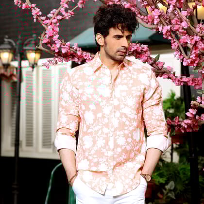 French Marigold Peach Casual Pure Linen Full Shirt (Size - S) by BLUE EAGLE French Marigold Peach Casual Pure Linen Full Shirt (Size - S) by BLUE EAGLE