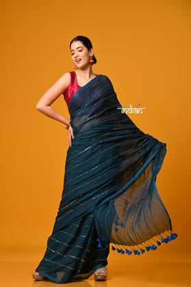 Param Sundari ~ Designer Mul Cotton Handloom Saree with Sequins - Deep Cyan Blue