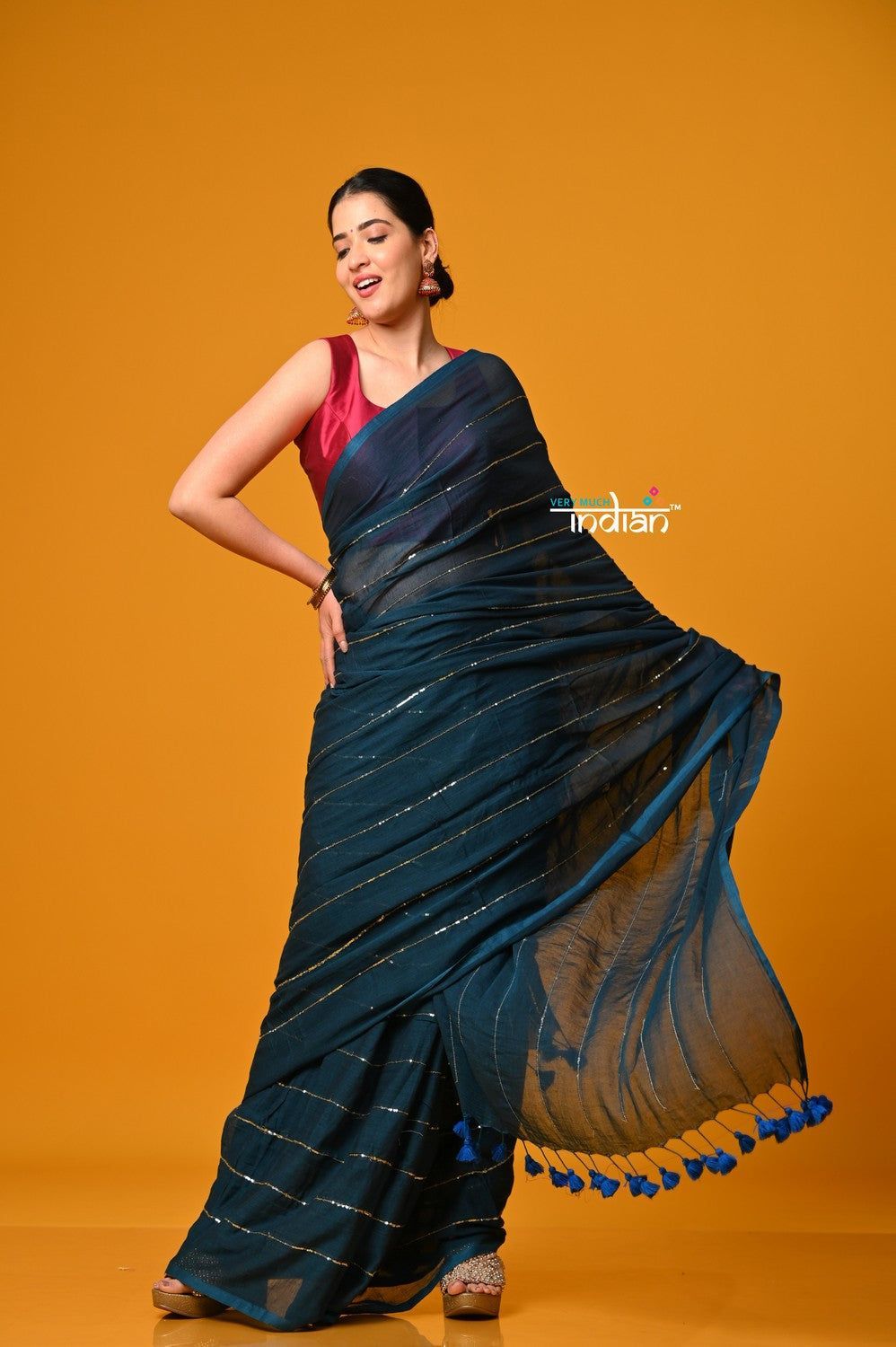 Param Sundari ~ Designer Mul Cotton Handloom Saree with Sequins - Deep Cyan Blue