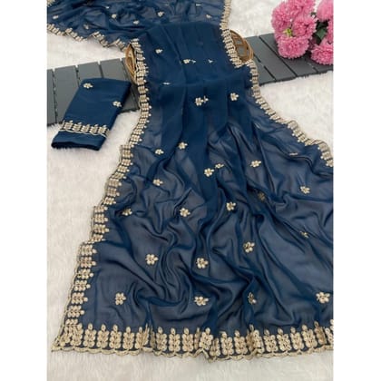 womens georgette embroidered saree with unstitched blouse 5mtr blue pid64676