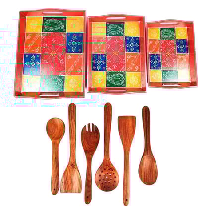 Serving Tray Set & Wooden Cookin Spoon Combo | Tea & Snacks Serving Trays & Wooden Spoons - For Non-stick Cookware, Kitchen Items, Gifts (Pack of 6)