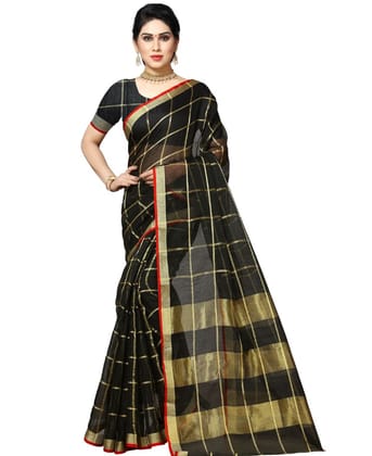 Generic Women's Kota Doria Cotton Checked Saree With Blouse (Black, 5-6  Mtr)