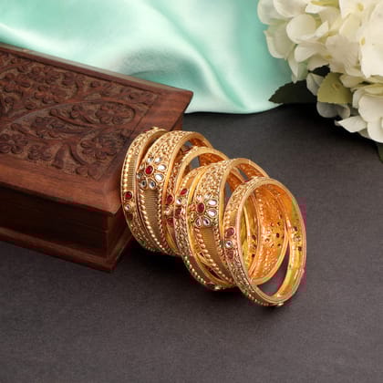 Matte Gold Plated Antique Floral Design Rajwadi Style/Bangles Pack of 6