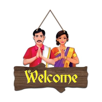 Traditional Welcome Plaque | Home Decor Accent | Decorative Wall Art with Indian Couple Design | Decoration for