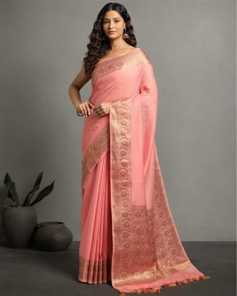 Radiating Banarasi Silk Linen Peach Handloom Saree