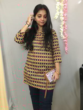 Blue Orange Honey Print Short  Kurti  - Pure Cotton-34 - XS