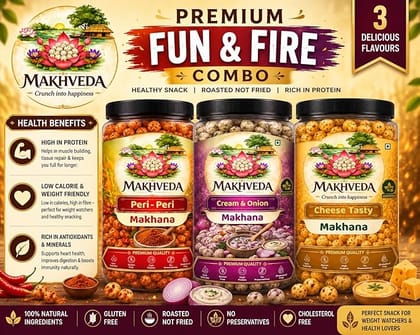 MAKHVEDA - Superfood Fire and Fun Combo Makhana Roasted Fox Nuts Popped Lotus Seeds Healthy Snack Low Calorie High Protein Gluten Free Crunchy & Delicious Flavours Peri Peri Cheese Cream & Onion Roasted In Olive Oil MAKHVEDA - Superfood Fire and Fun Combo Makhana Roasted Fox Nuts Popped Lotus Seeds Healthy Snack Low Calorie High Protein Gluten Free Crunchy & Delicious Flavours Peri Peri Cheese Cream & Onion Roasted In Olive Oil