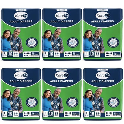 KareIn Classic Adult Diapers, Large, Waist Size 101-139 Cm (40"-55"), 60 Count, Tape Style, Unisex, High Absorbency, Leak Proof, Wetness Indicator KareIn Classic Adult Diapers, Large, Waist Size 101-139 Cm (40"-55"), 60 Count, Tape Style, Unisex, High Absorbency, Leak Proof, Wetness Indicator