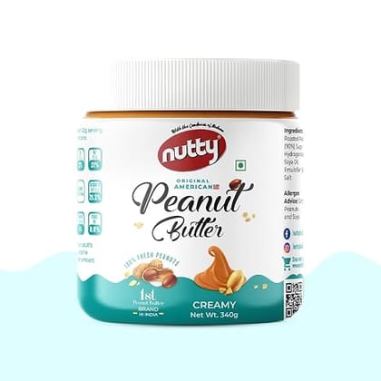 Nutty Creamy Natural Peanut Butter 340g | 100% Roasted Peanuts, High Protein, No Added Sugar & Salt, non-GMO, Gluten-Free, Vegan | Plant-Based, Unsweetened Peanut Butter Creamy | 340g Jar