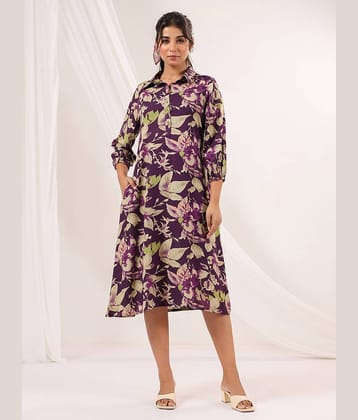 Janasya Women Cotton Printed A-line Dress ( Purple )