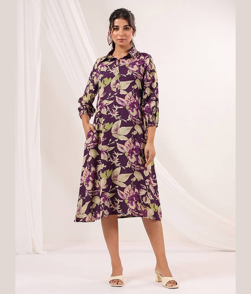 Janasya Women Cotton Printed A-line Dress ( Purple )