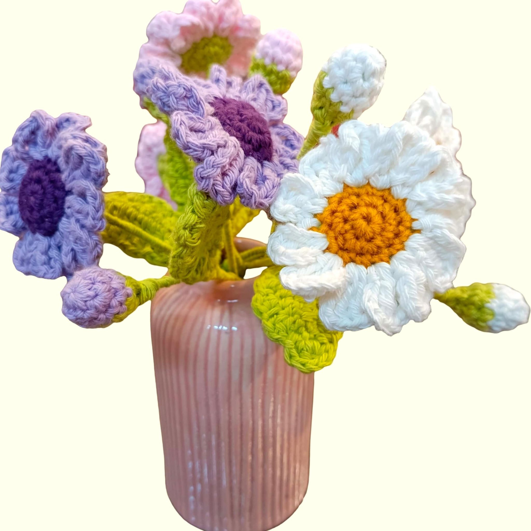 Handcrafted Crochet Daisy Flowers - 2 Flowers, 2 Buds in White, Baby Pink & Lavender | Perfect for Home D�cor & Gifts (Without Pot)