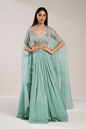SAGE GREEN PLEATED CAPE SET-XS