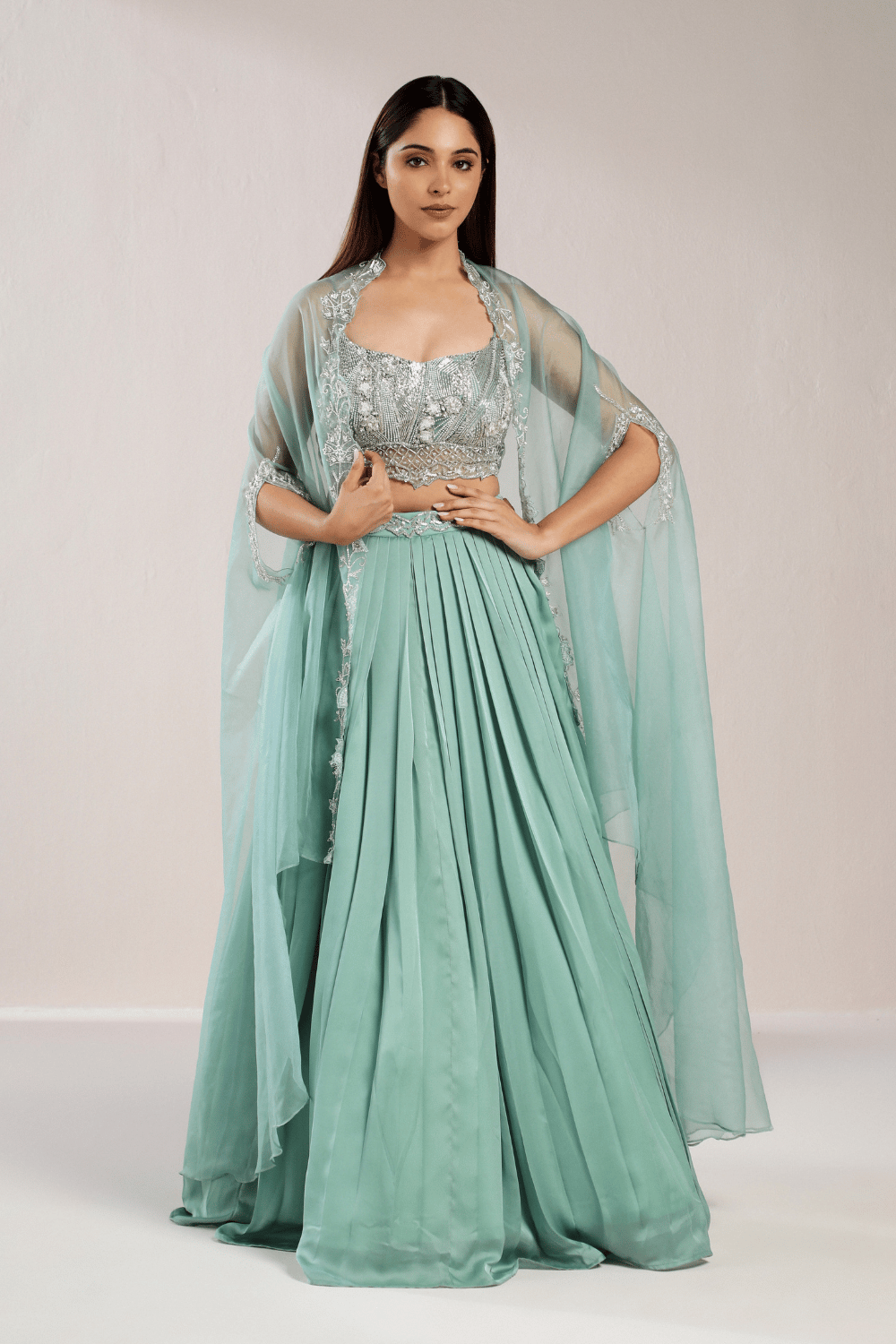 SAGE GREEN PLEATED CAPE SET-XS