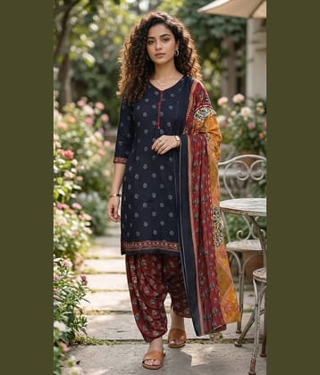 Rajnandini Women Cotton Blend Printed Straight Kurti With Patiala Salwar ( Black )