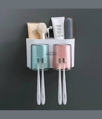 VillWin Toothbrush Holder with 2 Cups | Bathroom Toothbrush Organizer | Multi-Compartment, Dustproof & BPA-Free Brush Holder for Bathroom Storage