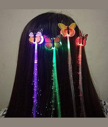 HINGOL LED Flashing Light Butterfly Hair Clip | Braid Optical Fibber Hairpin Party Decor | Girl and Women Party Favours | Party kit (Multicolor, Pack Of 2)