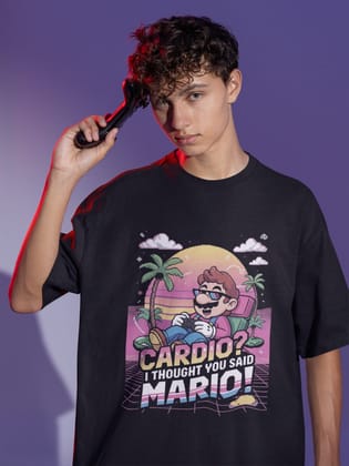 MARIO RETRO Round Neck Drop Shoulder Graphic Printed Oversized Cotton T-shirt-S / Black