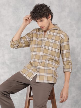 Beige Checkered 100% Cotton Shirt-XL / Beige