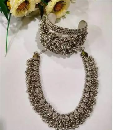 Oxidised Antique Silver Floral Tribal Necklace And Choker Set for Women