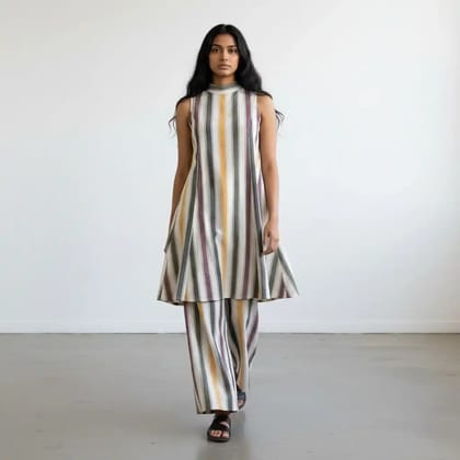 Handloom Cotton Co-Ord Set in Cream with Woven Multicolour Stripes