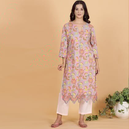 Grey floral printed kurta with organza detailing-XS
