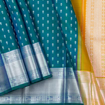 Mayil Kazhuthu Blue And Yellow Kanchipuram Silk Saree For Wedding Wear PV NYC 1527